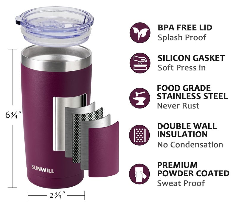 SUNWILL Travel Coffee Tumbler 20 oz, Insulated Mug with Lid, Stainless Steel Cup for Hot and Cold Drinks, Powder Coated Plum - Image 2